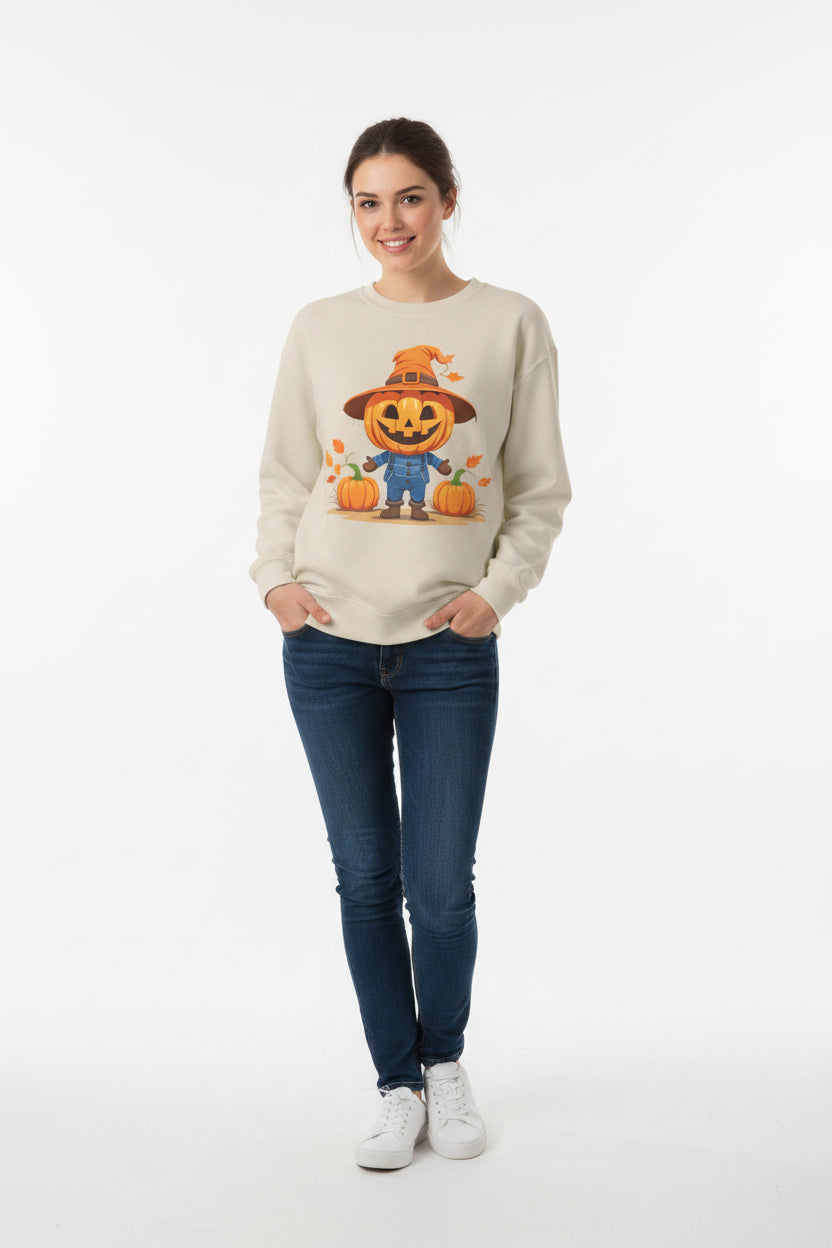 Jolly Scarecrow & Pumpkins Women's Halloween Sweatshirt | Cute Fall Graphic Sweatshirt | Halloween Party & Everyday Wear