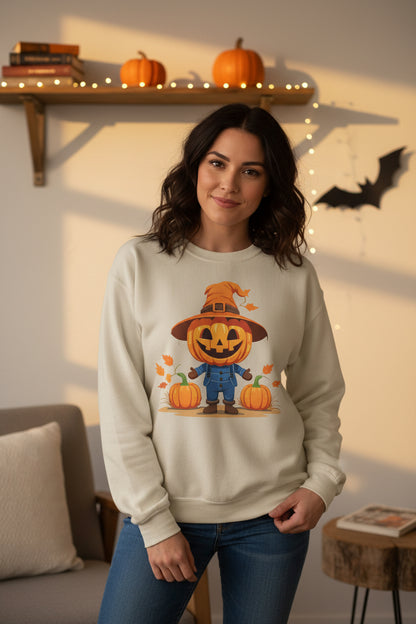 Jolly Scarecrow & Pumpkins Women's Halloween Sweatshirt | Cute Fall Graphic Sweatshirt | Halloween Party & Everyday Wear