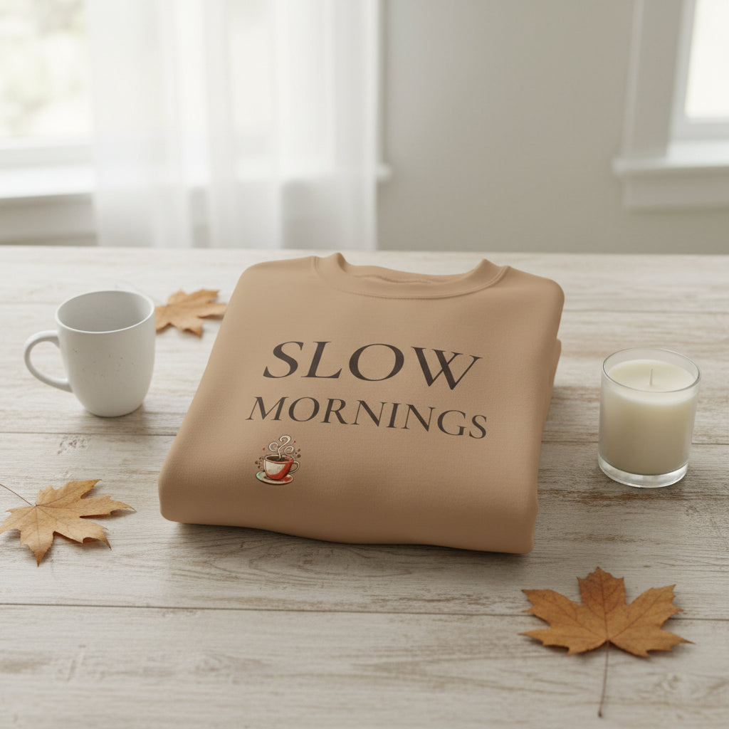 Women’s Slow Mornings Sweatshirt, Cozy Coffee Graphic Crewneck, Casual Pullover