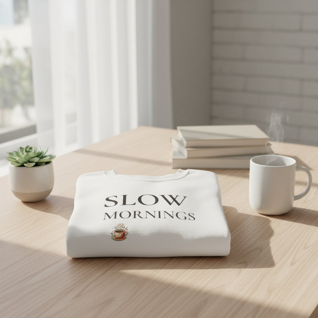 Women’s Slow Mornings Sweatshirt, Cozy Coffee Graphic Crewneck, Casual Pullover