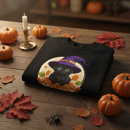 Cute Witch Cat Pumpkin Halloween Sweatshirt For Women | Cute Fall Graphic Sweatshirt | Halloween Party & Everyday Wear