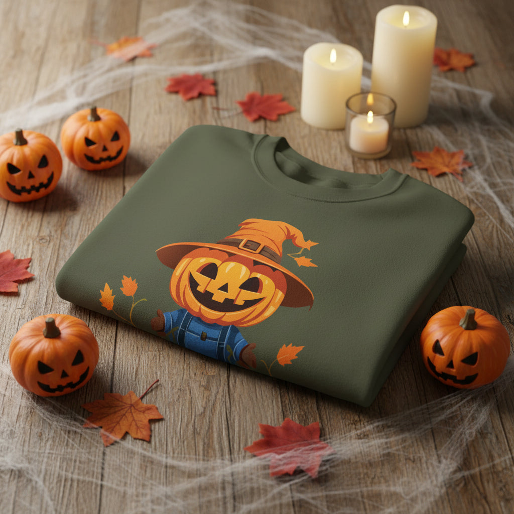 Jolly Scarecrow & Pumpkins Women's Halloween Sweatshirt | Cute Fall Graphic Sweatshirt | Halloween Party & Everyday Wear