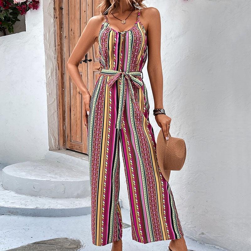 Halter Neck Striped Resort Style Jumpsuit | Women's Jumpsuit