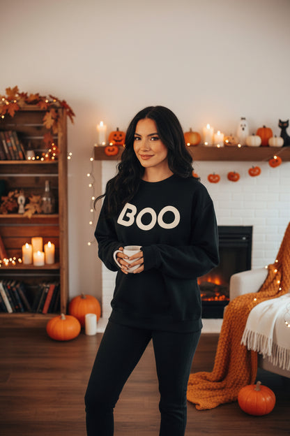 Women’s BOO Sweatshirt, Cute Halloween Graphic Crewneck, Spooky Season Pullover