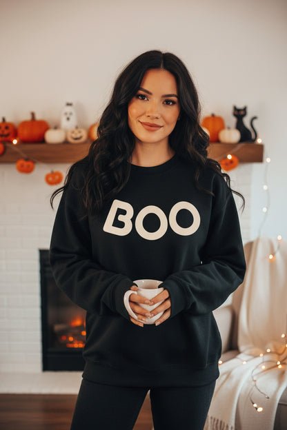 Women’s BOO Sweatshirt, Cute Halloween Graphic Crewneck, Spooky Season Pullover