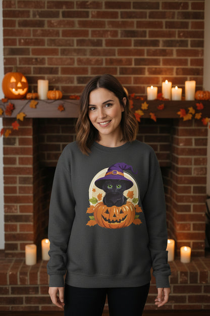Cute Witch Cat Pumpkin Halloween Sweatshirt For Women | Cute Fall Graphic Sweatshirt | Halloween Party & Everyday Wear