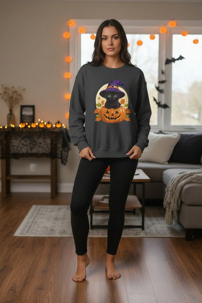 Cute Witch Cat Pumpkin Halloween Sweatshirt For Women | Cute Fall Graphic Sweatshirt | Halloween Party & Everyday Wear