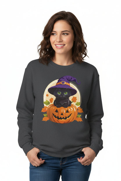 Cute Witch Cat Pumpkin Halloween Sweatshirt For Women | Cute Fall Graphic Sweatshirt | Halloween Party & Everyday Wear