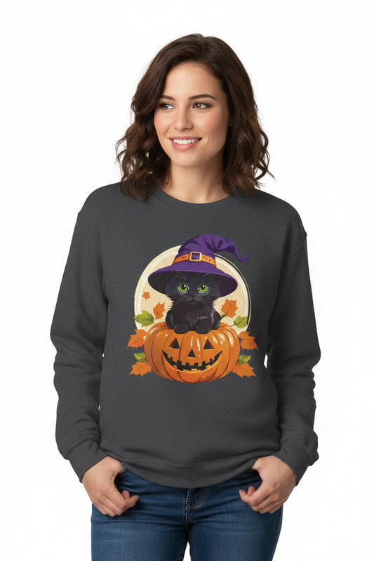 Cute Witch Cat Pumpkin Halloween Sweatshirt For Women | Cute Fall Graphic Sweatshirt | Halloween Party & Everyday Wear