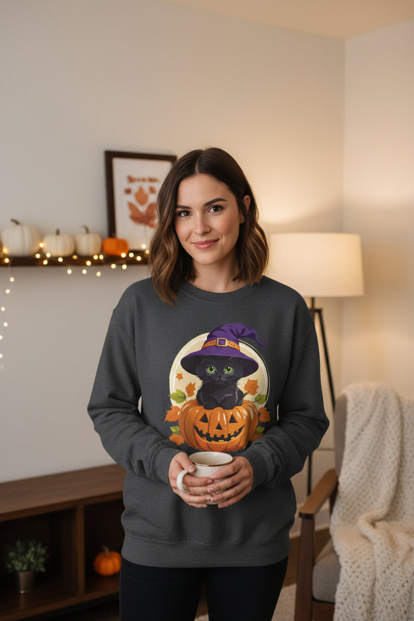 Cute Witch Cat Pumpkin Halloween Sweatshirt For Women | Cute Fall Graphic Sweatshirt | Halloween Party & Everyday Wear