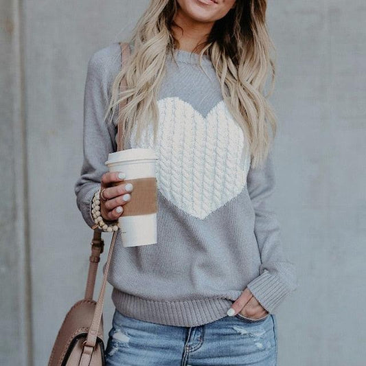 Heart Pattern Long Sleeve Knitted Pullover — Heart Pattern Sweater