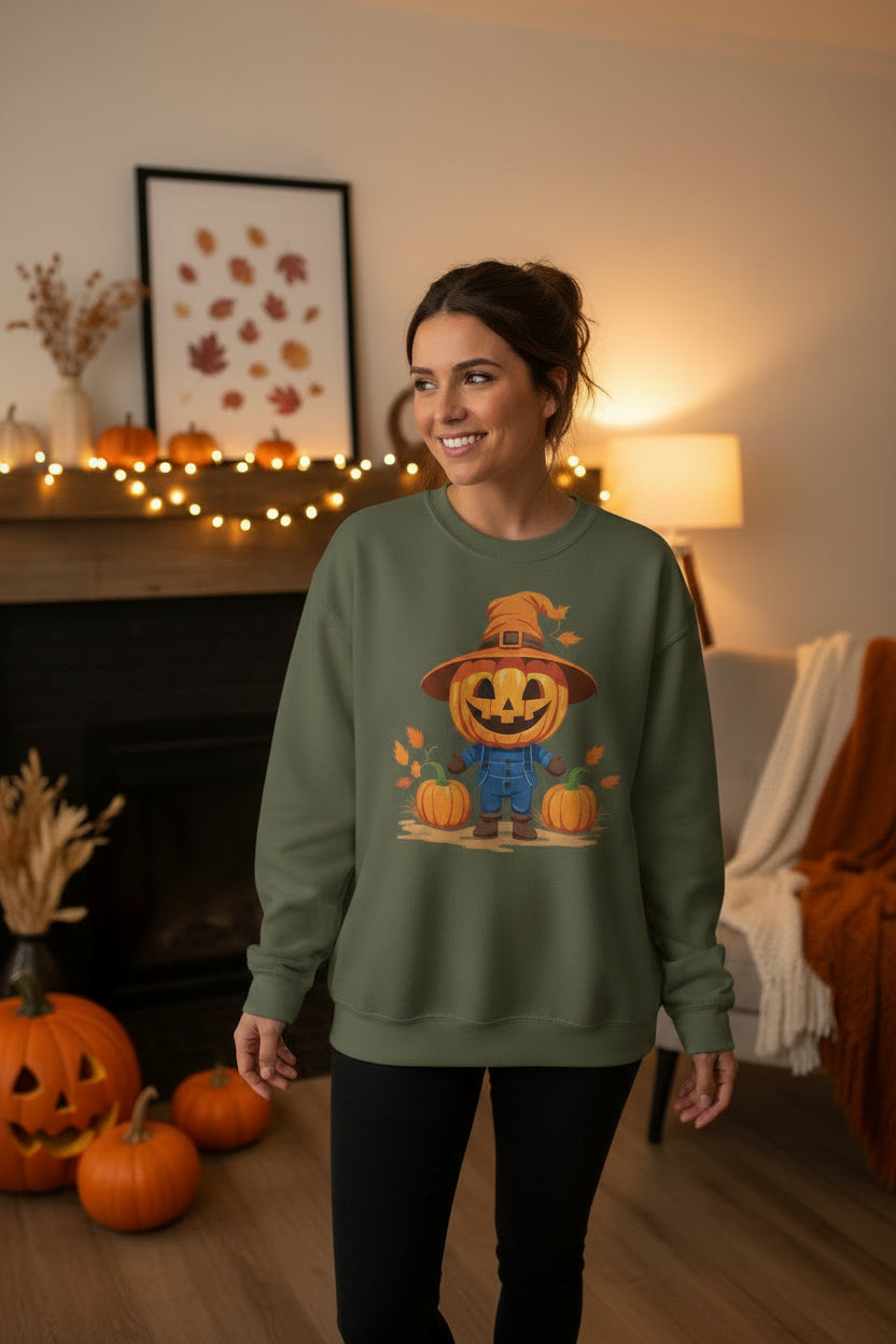 Jolly Scarecrow & Pumpkins Women's Halloween Sweatshirt | Cute Fall Graphic Sweatshirt | Halloween Party & Everyday Wear