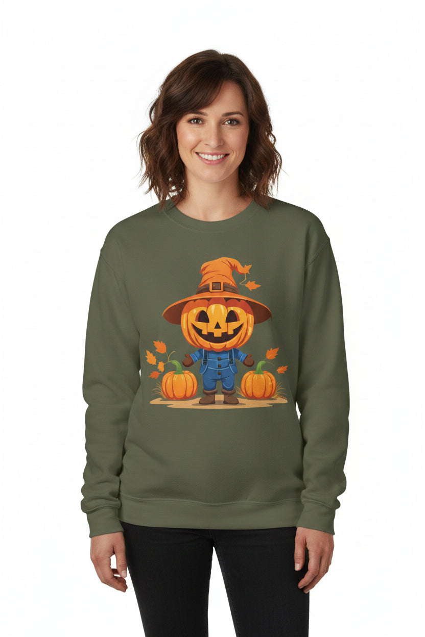 Jolly Scarecrow & Pumpkins Women's Halloween Sweatshirt | Cute Fall Graphic Sweatshirt | Halloween Party & Everyday Wear