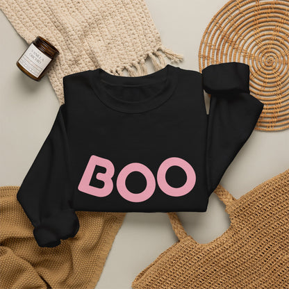 Women’s BOO Sweatshirt, Cute Halloween Graphic Crewneck, Spooky Season Pullover - Pink Lettering