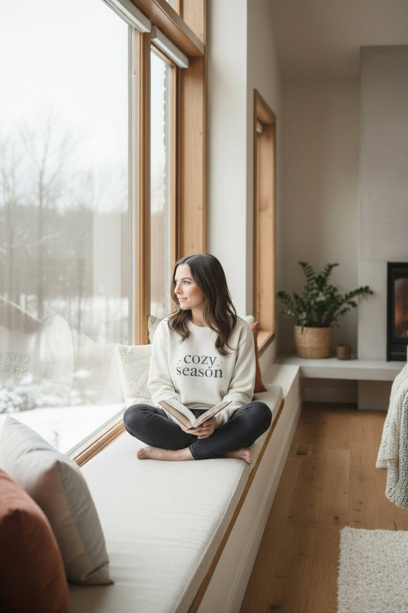 Women’s Cozy Season Sweatshirt, Fall Graphic Crewneck, Cute Autumn Pullover