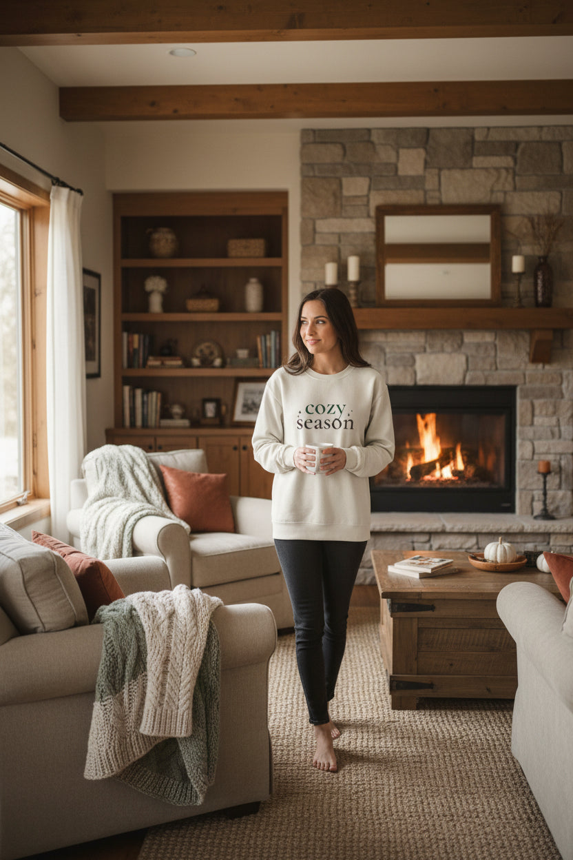 Women’s Cozy Season Sweatshirt, Fall Graphic Crewneck, Cute Autumn Pullover