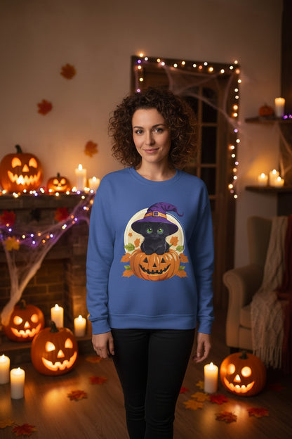 Cute Witch Cat Pumpkin Halloween Sweatshirt For Women | Cute Fall Graphic Sweatshirt | Halloween Party & Everyday Wear