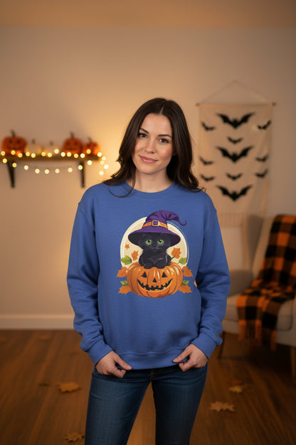Cute Witch Cat Pumpkin Halloween Sweatshirt For Women | Cute Fall Graphic Sweatshirt | Halloween Party & Everyday Wear