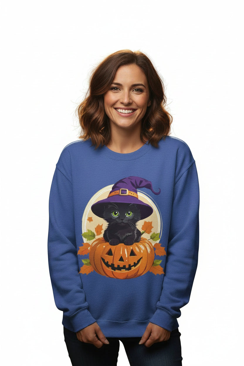 Cute Witch Cat Pumpkin Halloween Sweatshirt For Women | Cute Fall Graphic Sweatshirt | Halloween Party & Everyday Wear