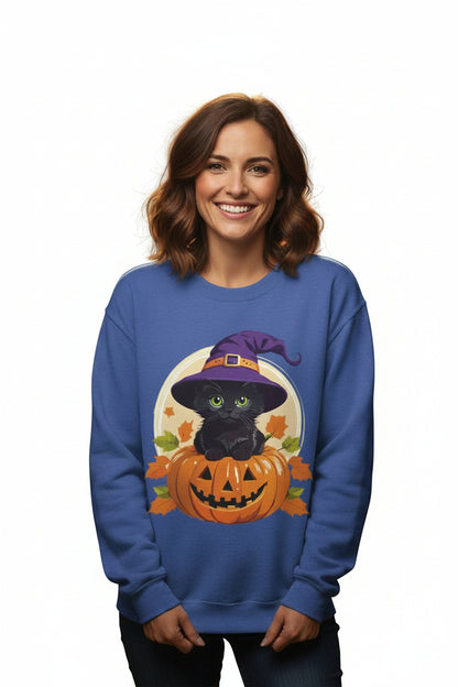 Cute Witch Cat Pumpkin Halloween Sweatshirt For Women | Cute Fall Graphic Sweatshirt | Halloween Party & Everyday Wear