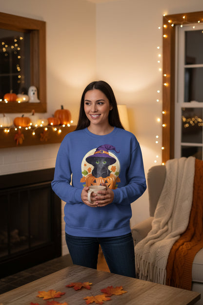 Cute Witch Cat Pumpkin Halloween Sweatshirt For Women | Cute Fall Graphic Sweatshirt | Halloween Party & Everyday Wear