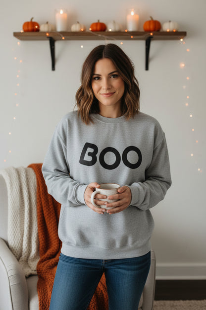 Women’s BOO Sweatshirt, Cute Halloween Graphic Crewneck, Spooky Season Pullover