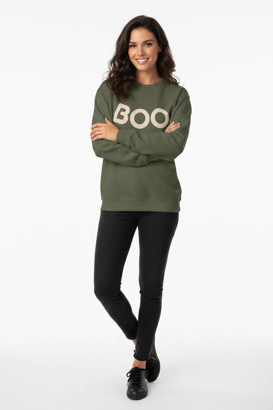 Women’s BOO Sweatshirt, Cute Halloween Graphic Crewneck, Spooky Season Pullover