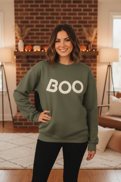 Women’s BOO Sweatshirt, Cute Halloween Graphic Crewneck, Spooky Season Pullover