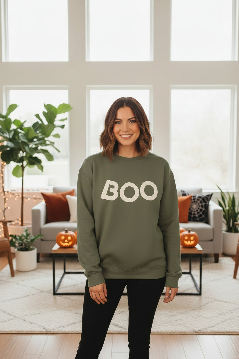 Women’s BOO Sweatshirt, Cute Halloween Graphic Crewneck, Spooky Season Pullover