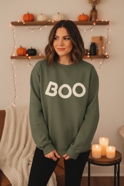 Women’s BOO Sweatshirt, Cute Halloween Graphic Crewneck, Spooky Season Pullover