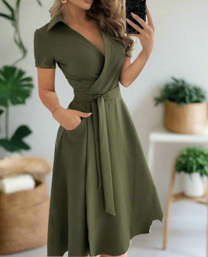 Elegant V-Neck Short Sleeve Dress — Timeless & Elegant Style