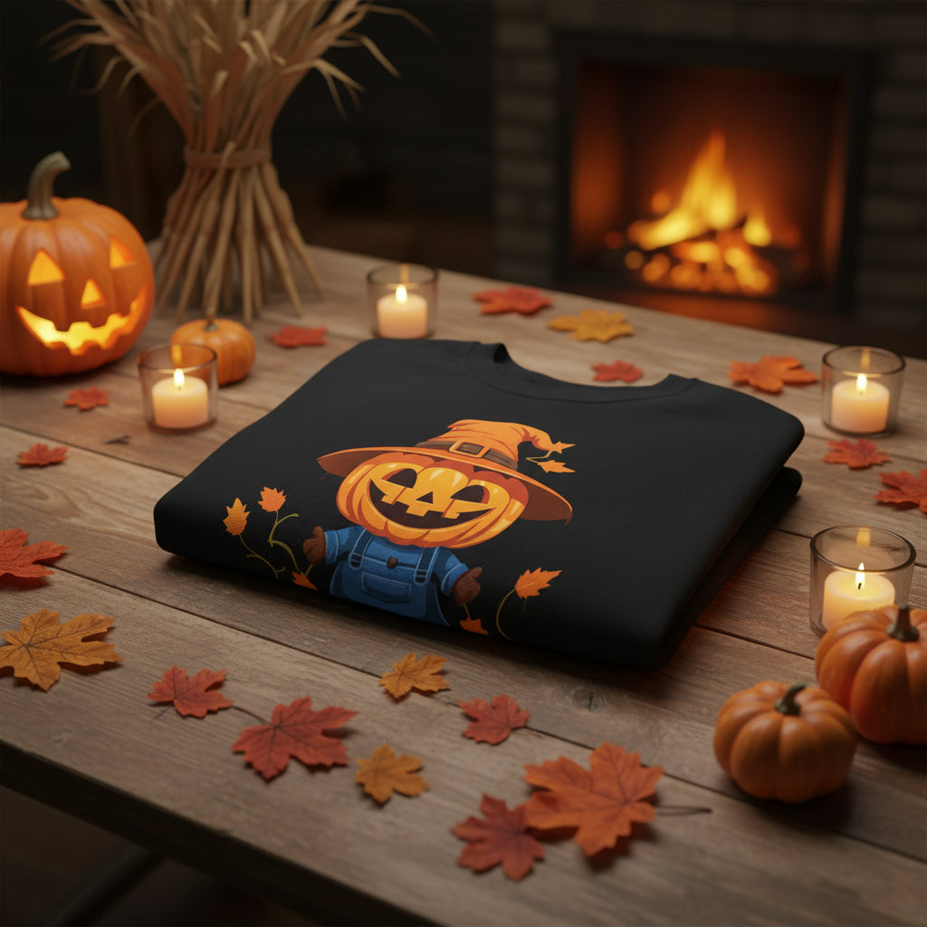 Jolly Scarecrow & Pumpkins Women's Halloween Sweatshirt | Cute Fall Graphic Sweatshirt | Halloween Party & Everyday Wear