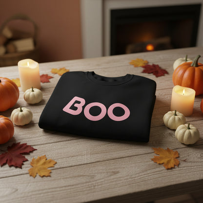 Women’s BOO Sweatshirt, Cute Halloween Graphic Crewneck, Spooky Season Pullover - Pink Lettering