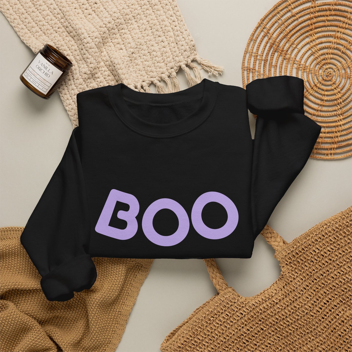 Women’s BOO Sweatshirt, Cute Halloween Graphic Crewneck, Spooky Season Pullover - Light Purple Lettering