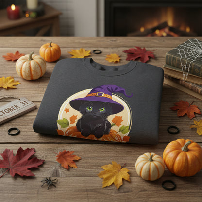 Cute Witch Cat Pumpkin Halloween Sweatshirt For Women | Cute Fall Graphic Sweatshirt | Halloween Party & Everyday Wear
