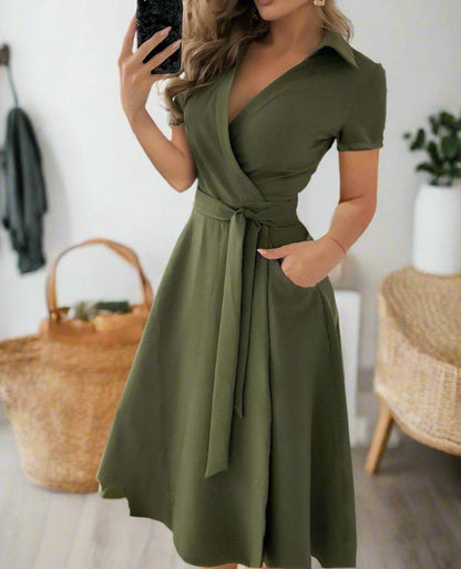 Elegant V-Neck Short Sleeve Dress — Timeless & Elegant Style