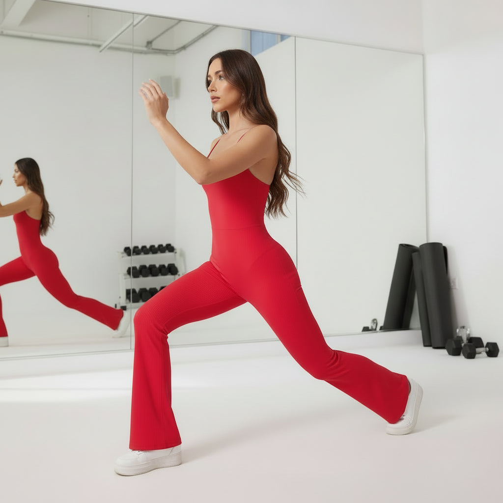 Woman wearing a red jumpsuit in a gym setting