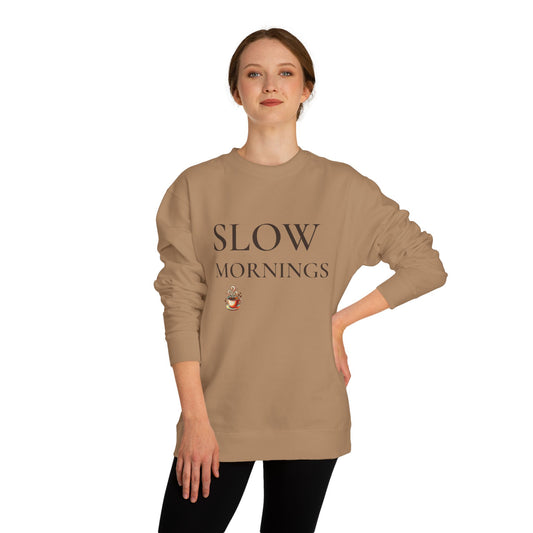 Women’s Slow Mornings Sweatshirt, Cozy Coffee Graphic Crewneck, Casual Pullover