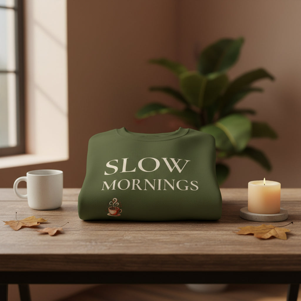 Women’s Slow Mornings Sweatshirt, Cozy Coffee Graphic Crewneck, Casual Pullover