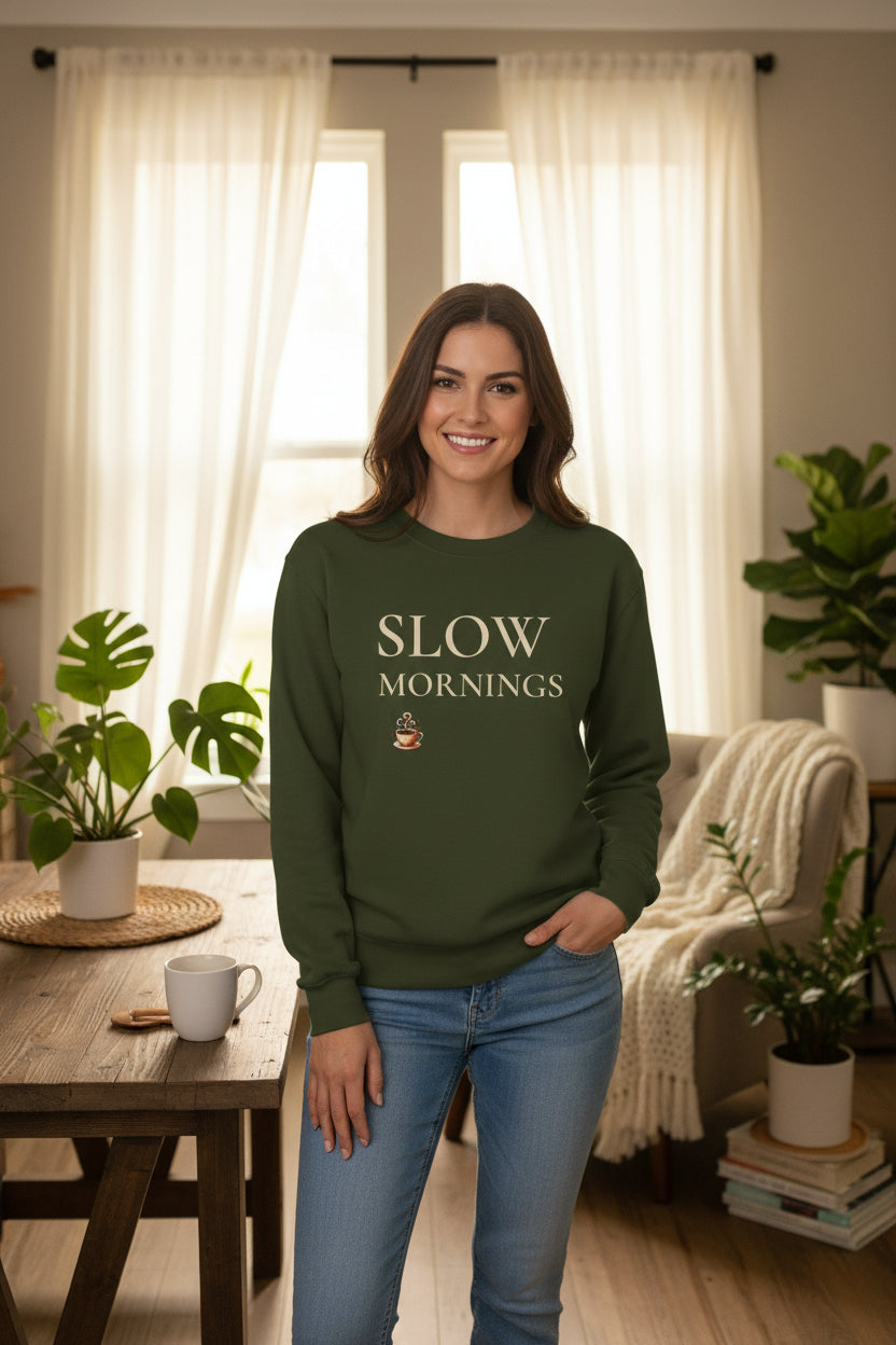 Women’s Slow Mornings Sweatshirt, Cozy Coffee Graphic Crewneck, Casual Pullover