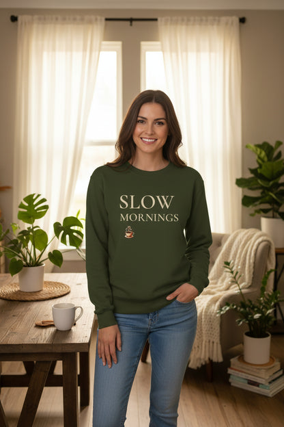 Women’s Slow Mornings Sweatshirt, Cozy Coffee Graphic Crewneck, Casual Pullover