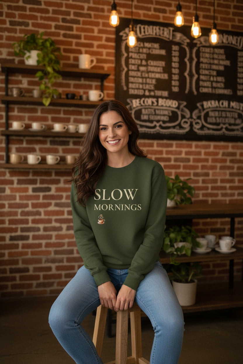 Women’s Slow Mornings Sweatshirt, Cozy Coffee Graphic Crewneck, Casual Pullover