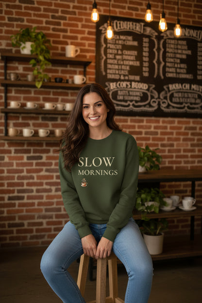 Women’s Slow Mornings Sweatshirt, Cozy Coffee Graphic Crewneck, Casual Pullover