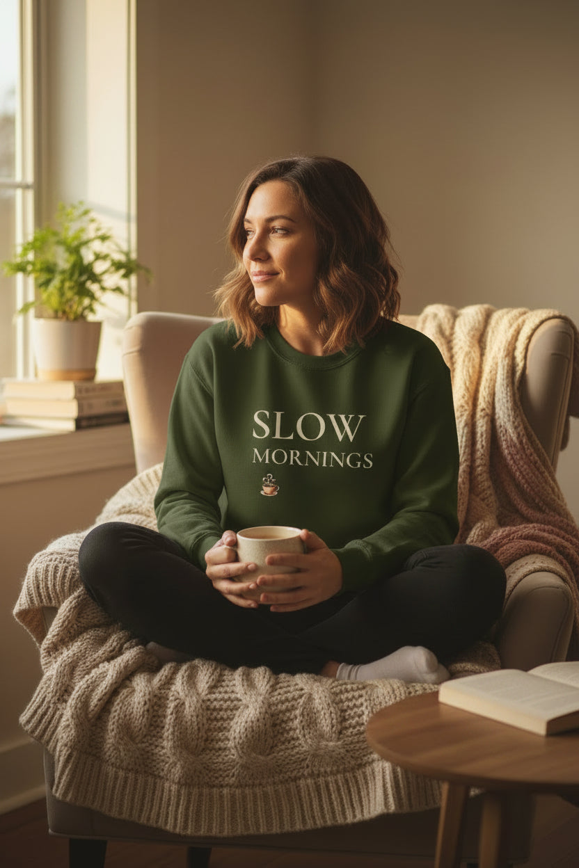 Women’s Slow Mornings Sweatshirt, Cozy Coffee Graphic Crewneck, Casual Pullover