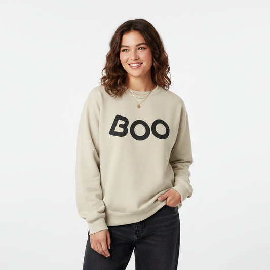 Women’s BOO Sweatshirt, Cute Halloween Graphic Crewneck, Spooky Season Pullover