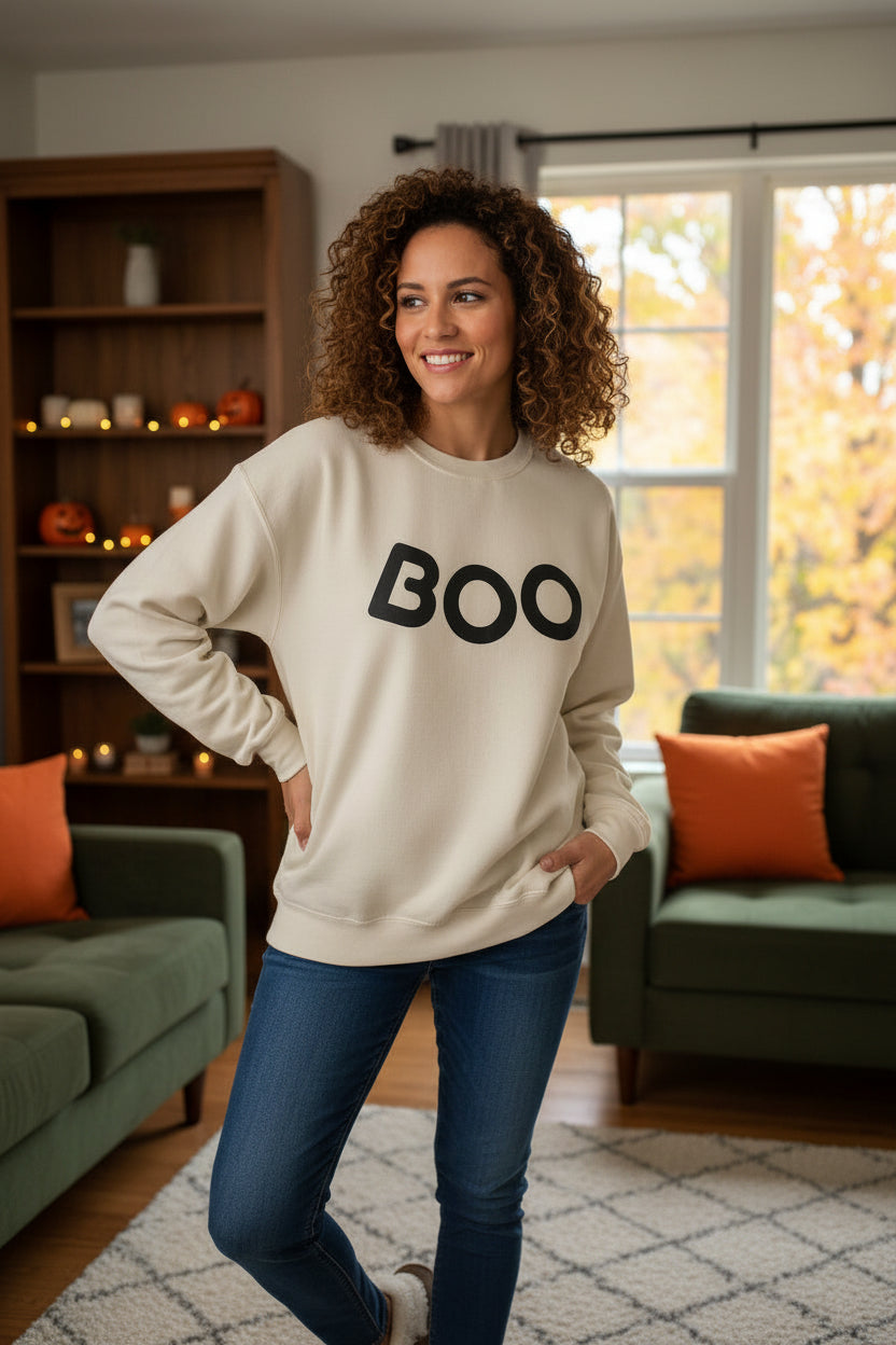 Women’s BOO Sweatshirt, Cute Halloween Graphic Crewneck, Spooky Season Pullover