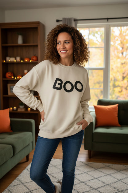 Women’s BOO Sweatshirt, Cute Halloween Graphic Crewneck, Spooky Season Pullover