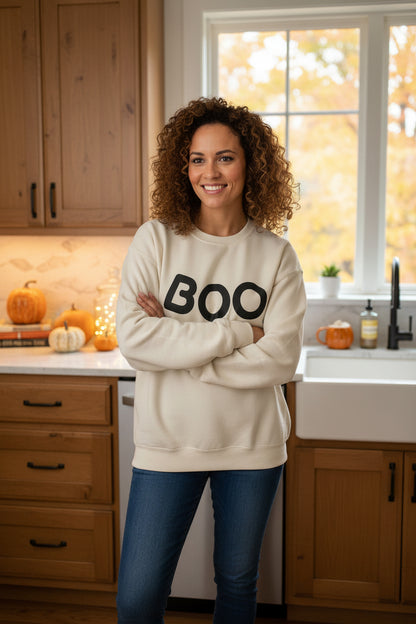 Women’s BOO Sweatshirt, Cute Halloween Graphic Crewneck, Spooky Season Pullover