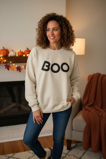 Women’s BOO Sweatshirt, Cute Halloween Graphic Crewneck, Spooky Season Pullover