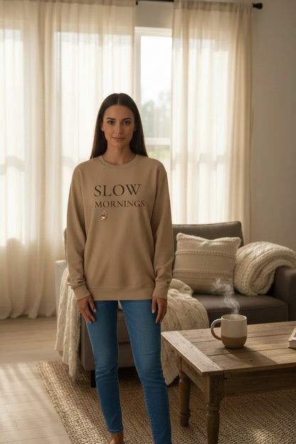 Women’s Slow Mornings Sweatshirt, Cozy Coffee Graphic Crewneck, Casual Pullover